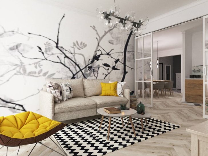 Гори в скандинавському стилі 3D шпалери із зображенням гір у скандинавському стилі вітальні з дерев'яними елементами.