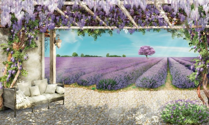 Прованс у вашій оселі 3D фотошпалери у вітальні: лавандове поле у стилі прованс для візуального розширення