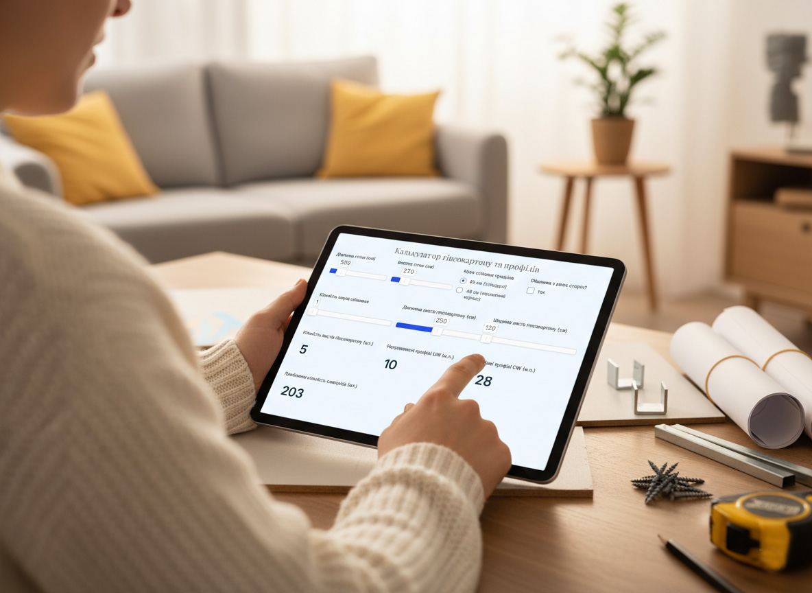 Гіпсокартон: точний розрахунок та економія у 2026 році — Калькулятор гіпсокартону онлайн