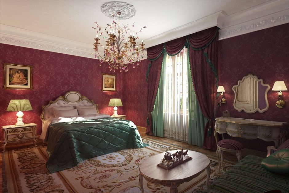 Бордові штори з ламбрекеном Бордові штори з ламбрекеном, розкішний інтер'єр вітальні, класичний стиль.