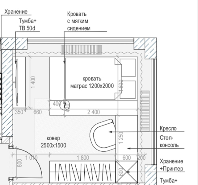План розстановки меблів Частина креслення з детальним планом розстановки меблів у дитячій кімнаті.