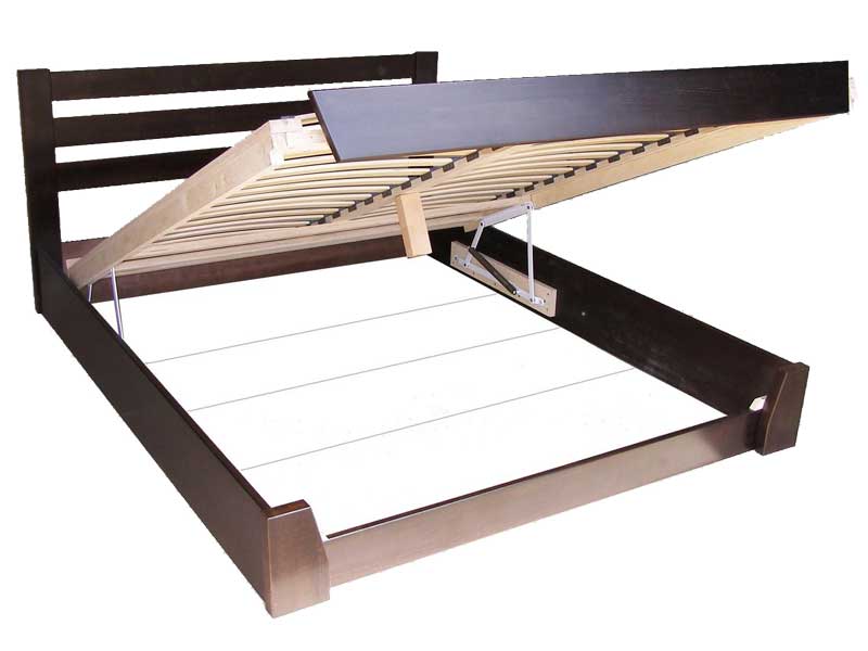 Ліжко з підйомним механізмом: що перевіряти до покупки Ліжко з підйомним механізмом у відкритому положенні - видно великий відсік для зберігання та газовий амортизатор