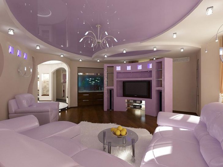 Зонування стелею Гіпсокартонна стеля з зонуванням простору вітальні різними рівнями та освітленням, 2026.