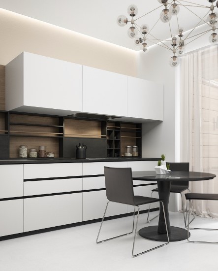 Лаконічний інтер'єр Лаконічний дизайн чорно-білої кухні з акцентом на мінімалістичному кухонному фартусі.