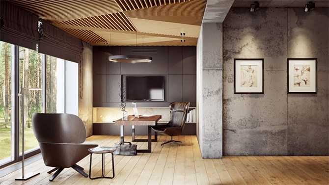 Мінімалістичний кабінет Кабінет в стилі мінімалізм з використанням натуральних матеріалів у дизайні котеджу.