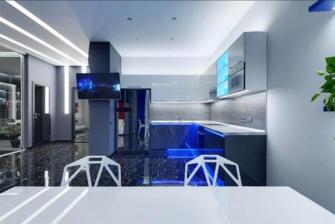 Функціональна кухня Кухня в дизайні квартири 75 кв. м. з використанням сучасних матеріалів.