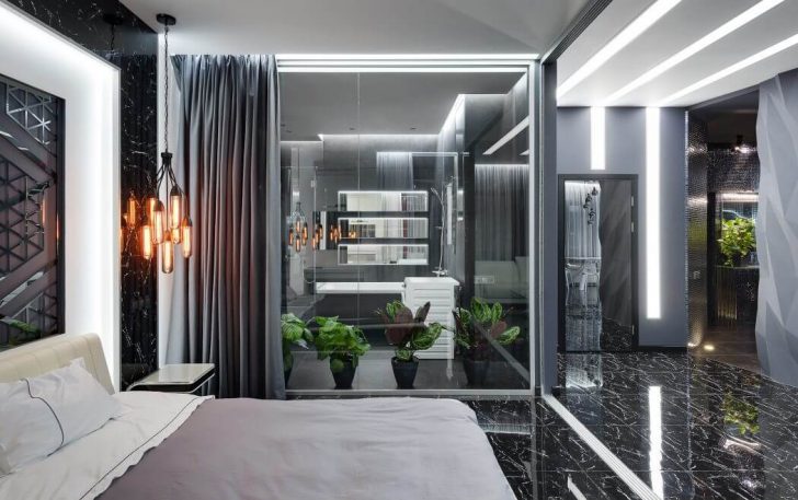 Стильна спальня Дизайн квартири 75 кв. м: спальня в стилі еклектика з хай-тек елементами