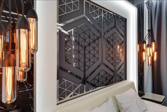 Узголів'я ліжка Дизайн узголів'я ліжка в квартирі 75 кв. м в стилі ар-деко та хай-тек