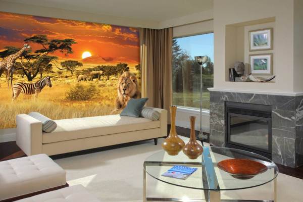 Африканський пейзаж у залі Фотошпалери із зображенням пейзажів Африки в сучасній вітальні 2026.