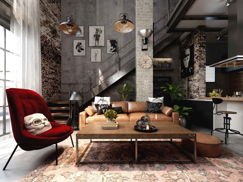 Яскраві меблі та металеві аксесуари в інтер'єрі стилю гранж 2026.