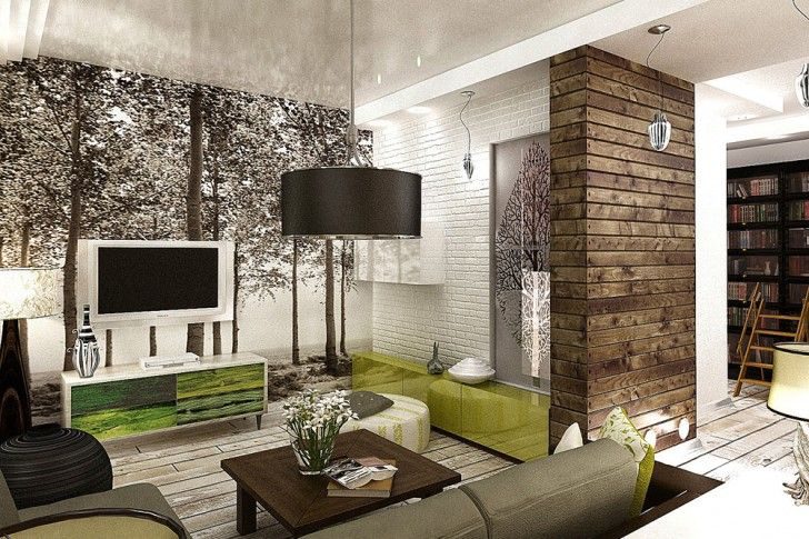 Еко-дизайн вітальні Світла вітальня в екостилі з дерев'яними меблями, рослинами та великим вікном.