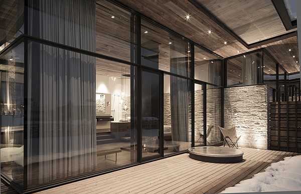 Затишна вітальня готелю Сучасний дизайн вітальні гірського готелю Wiesergut зі зручними кріслами та каміном