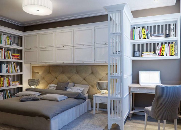 Ширма для зонування Стаціонарна ширма ефективно розділяє зони спальні та кабінету, зберігаючи приватність.