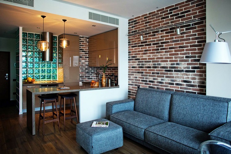 Кварцовий агломерат Сучасна вітальня з кварцовим агломератом на стіні, стильний дизайн 2026