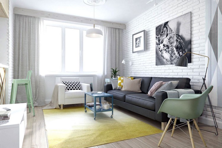 Камінь для маленької вітальні Сучасний дизайн маленької вітальні з декоративним каменем та телевізором на стіні