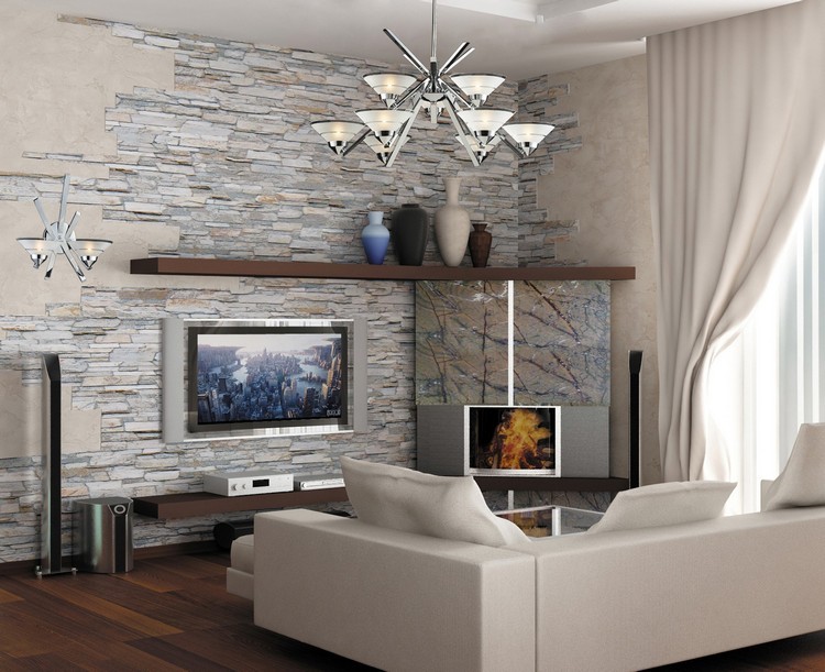 Лофт вітальня зі штучним каменем Вітальня з оздобленням стін штучним каменем у стилі лофт 2026.