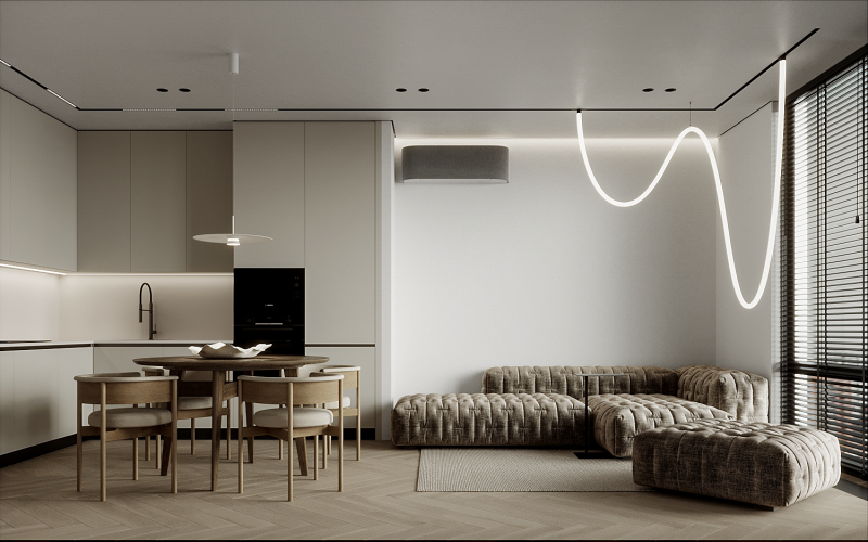 Сучасна кухня-вітальня Простора кухня-вітальня в сучасному стилі з підібраними меблями, 32м2, 2026