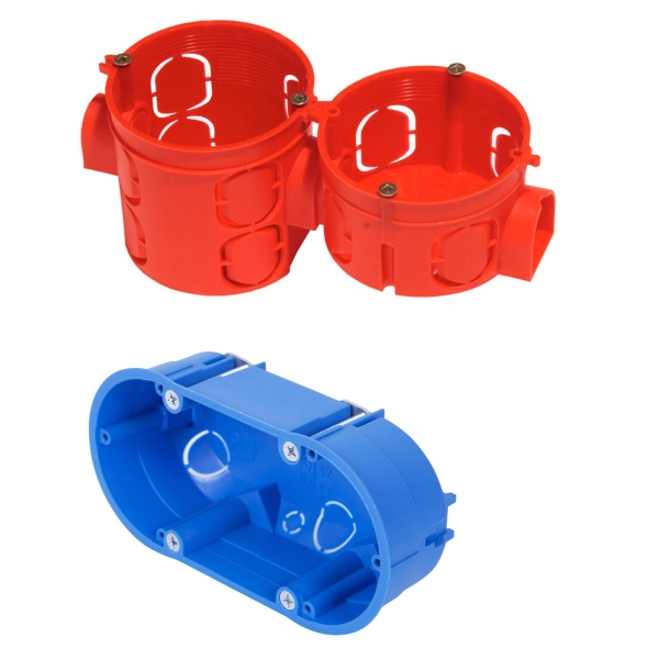 Види підрозетників Овальний підрозетник та група з двох круглих підрозетників для розеток та вимикачів.