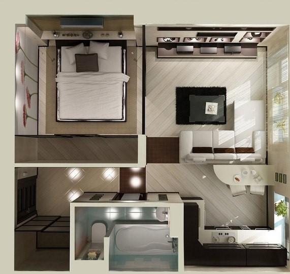 Зонування в маленькій квартирі Функціональний дизайн маленької квартири: перепланування однокімнатної в двокімнатну з розділенням на зони.