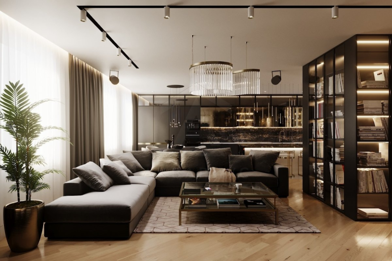 Сучасний дизайн Сучасна домашня бібліотека як частина стильного інтер'єру вітальні.