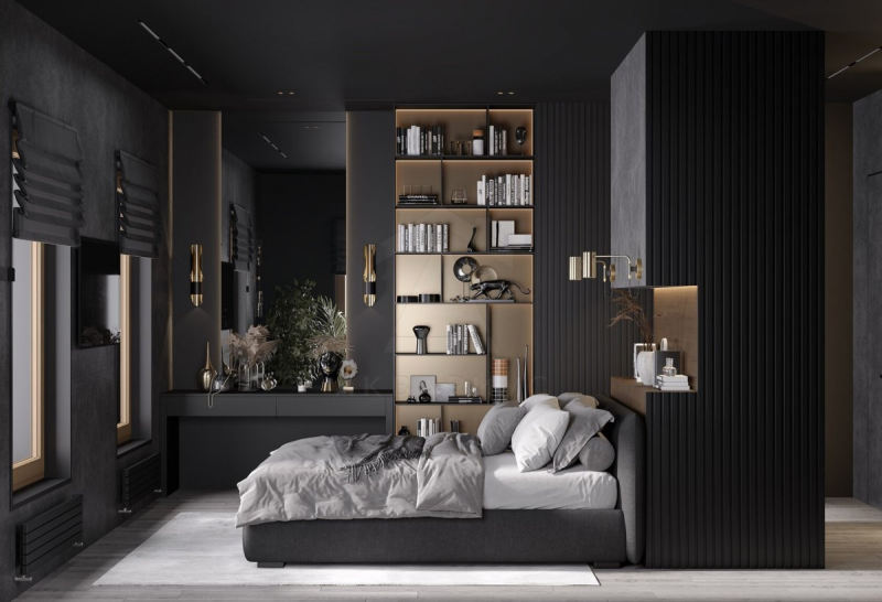 Над ліжком Домашня бібліотека, облаштована на книжкових полицях над ліжком у спальні.