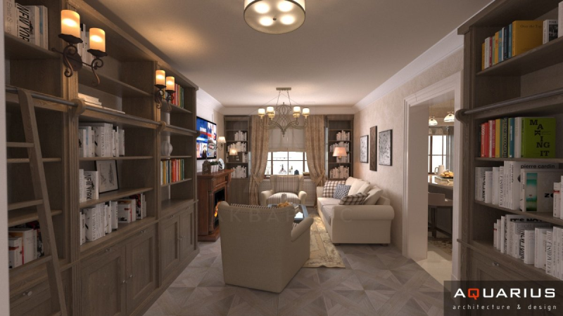 Книжкова шафа до стелі Домашня бібліотека в квартирі: високі книжкові полиці з драбиною для зручного доступу