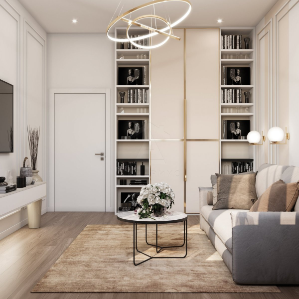 Неокласичний затишок Затишна домашня бібліотека в стилі неокласика з м'яким освітленням та зручним кріслом