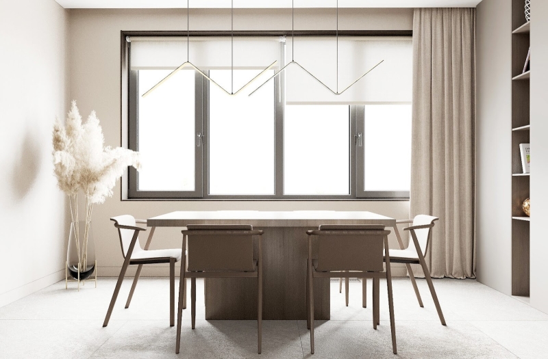 Кухонний мікс штор Поєднання рулонних та тканинних штор на кухні забезпечує функціональність та стильний вигляд.