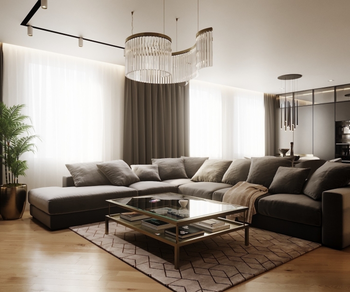 Штори та диван в тон Штори для вітальні 2026: штори підібрані в колір дивану для гармонійного інтер'єру.