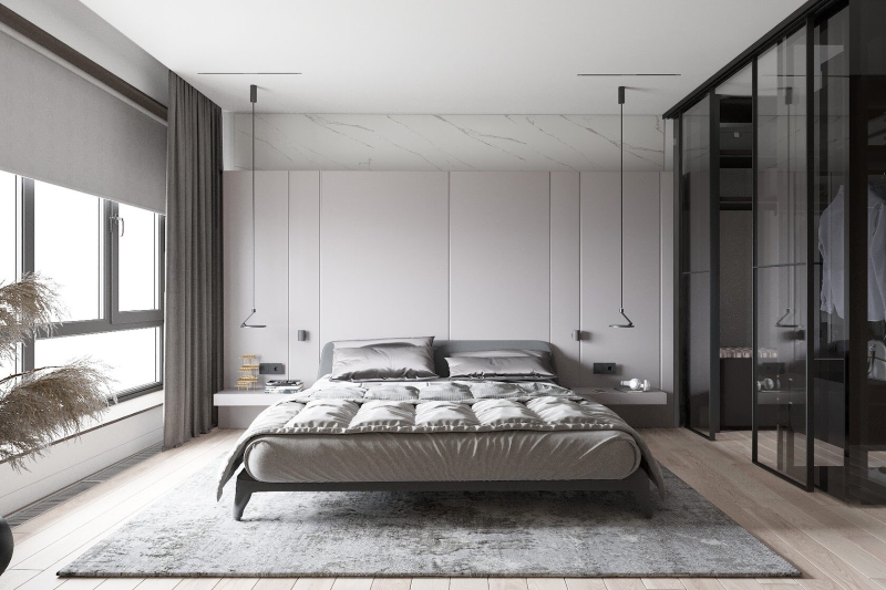 Мікроцемент стін Сучасний інтер'єр з використанням мікроцементу для стін як альтернативи шпалерам.