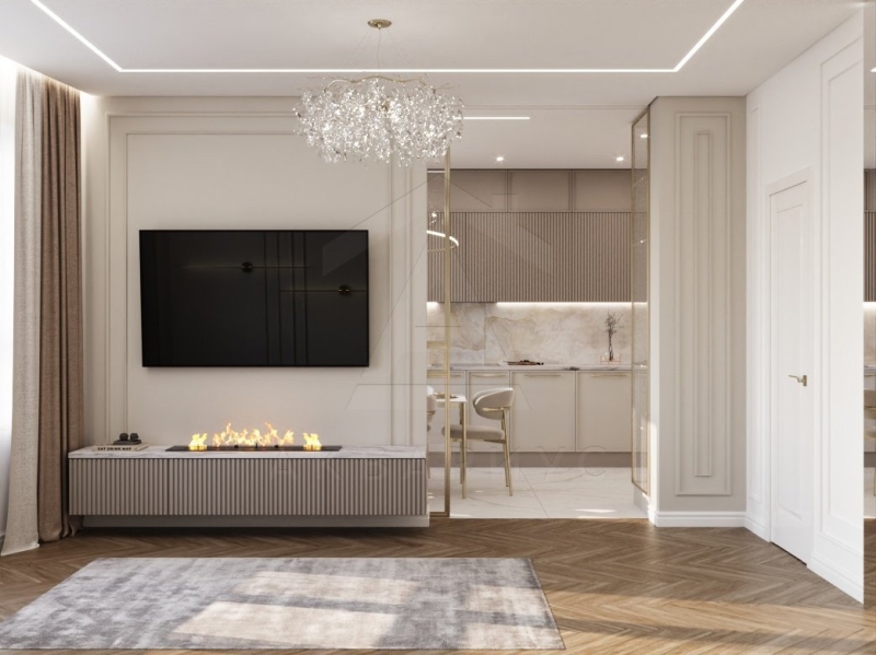 Неокласична вітальня Зона відпочинку у вітальні в стилі неокласика 2026 з симетричними диванами в Україні.