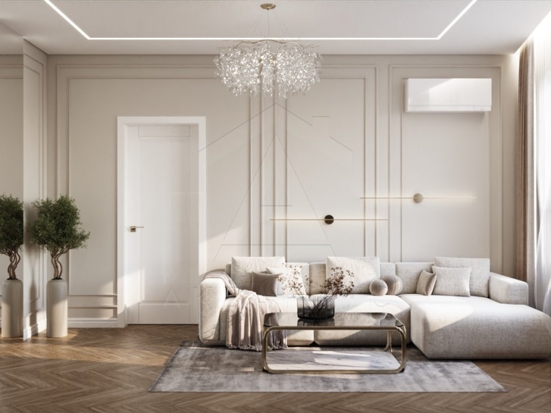 Неокласична елегантність Елегантна кухня-вітальня в стилі неокласика 2026: світлі меблі, молдинги – український вибір.