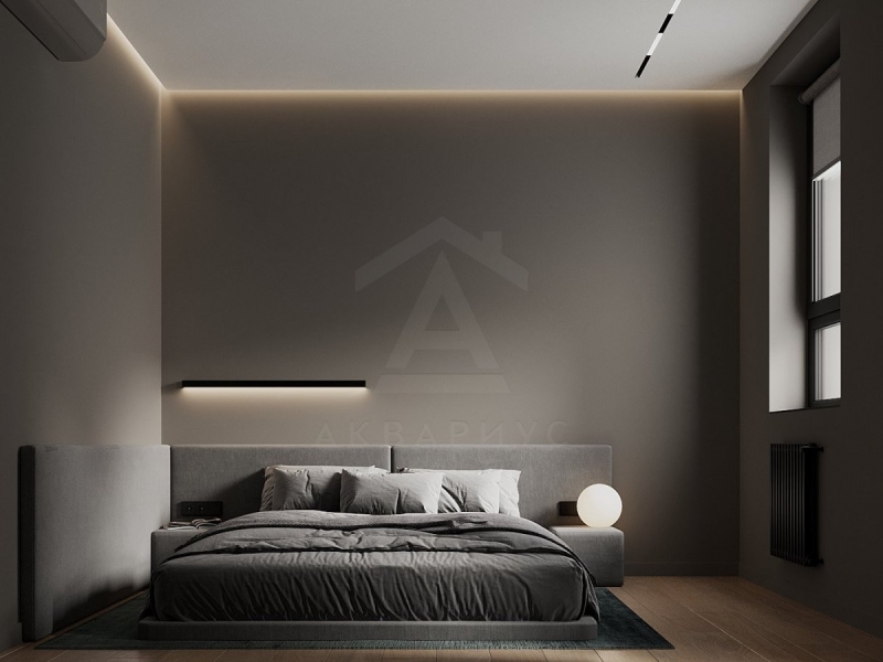 Мінімалістична спальня Спальня в стилі мінімалізм 2026 з панорамним вікном та прихованими шафами в Україні.