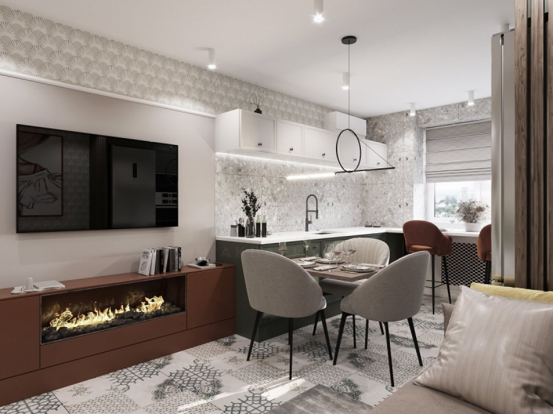 Еклектика: кухня-вітальня Яскрава кухня-вітальня в стилі еклектика 2026: синій диван, різноманітний декор, Україна.