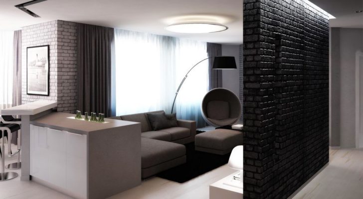 Імітація цегли Стильна вітальня з плиткою під цеглу: імітація цегляної кладки в сучасному інтер'єрі.