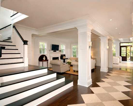 Колони в мінімалізмі Колони в інтер'єрі вітальні: зонування та декоративний елемент у мінімалістичному стилі.