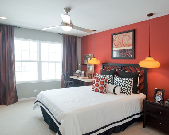 Сучасний дизайн червоної спальні з мінімалістичним декором та акцентами