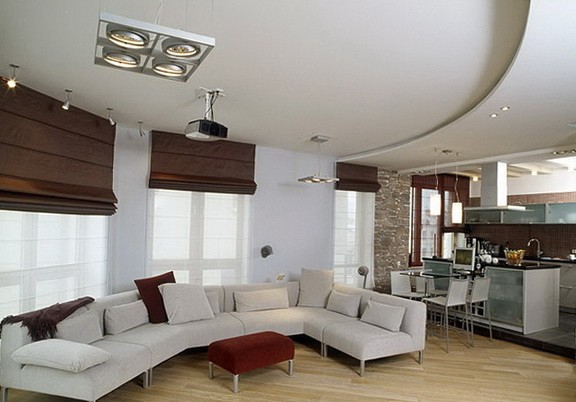 Сіра елегантність Сучасний дизайн кухні-вітальні 20 кв. м з елегантними сірими шафами та дерев'яною підлогою.