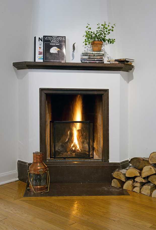 Вітальня з каміном Елегантна вітальня в скандинавському стилі з каміном та дерев'яною підлогою: дизайн квартири.