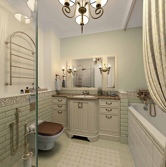 Класичний стиль ванної Елегантна маленька ванна кімната в класичному стилі з мармуровою плиткою та позолотою.