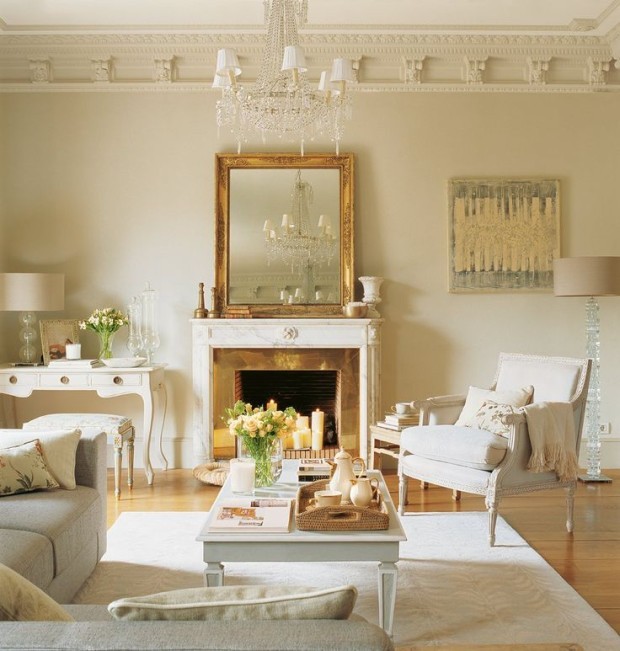 Вітальня з Каміном Прованс Затишна вітальня в стилі Прованс з каміном, плетеними меблями та квітковим декором