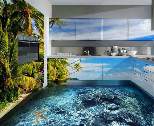 3D підлога на кухні Дизайн кухні 2026 з наливною 3D підлогою, що імітує воду та морське дно