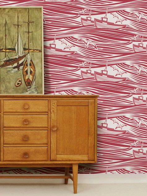 Морські Пригоди Морські шпалери для стін: червоно-білі кораблі та якорі для стильної кімнати.