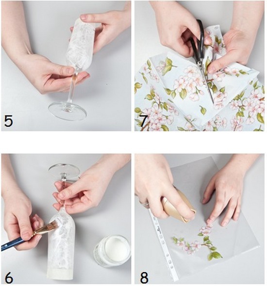 Декупаж весільних келихів своїми руками: процес нанесення малюнка на поверхню келиха