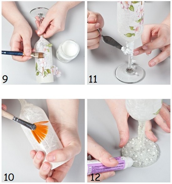 Фінальне покриття весільних келихів лаком для захисту декупажу та акрилового розпису