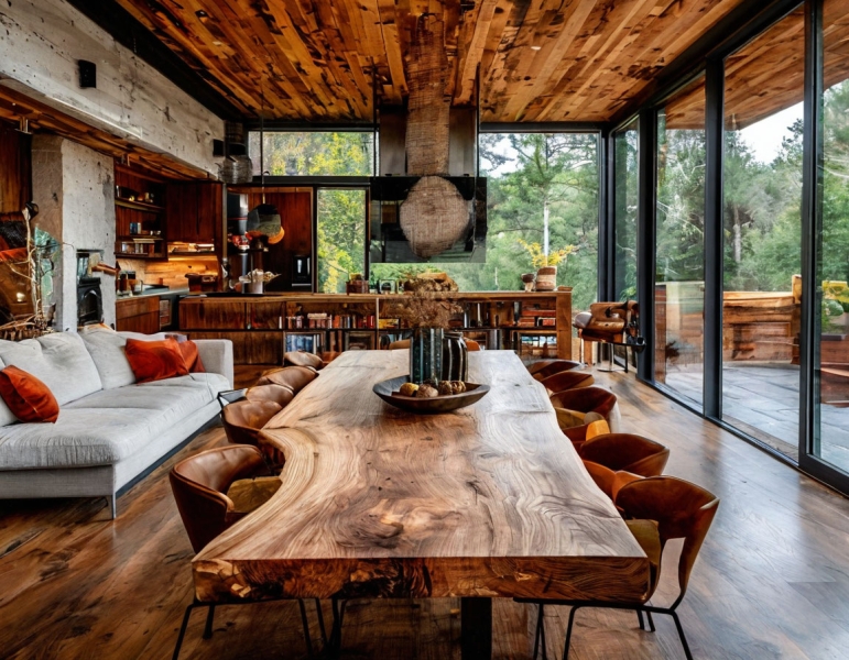 Слеб у інтер'єрі Сучасний інтер'єр 2026 з використанням дерев'яного слебу для столу в стилі лофт.