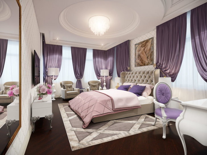 Фіолетовий на білому Білий фон підкреслює глибину та насиченість фіолетового кольору штор, створюючи контраст.