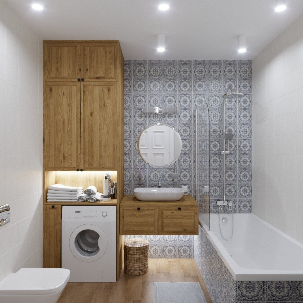 Релакс у Середземномор'ї Елегантна ванна кімната в середземноморському стилі з морською палітрою кольорів.