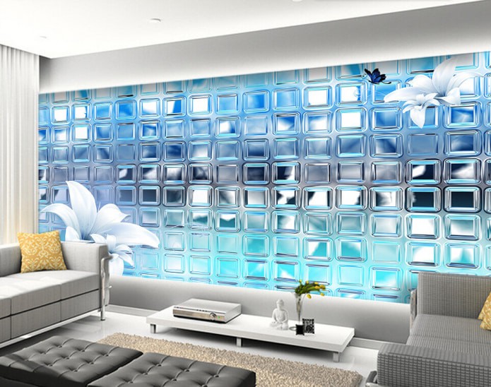 3D Шпалери в інтер'єрі Сучасний інтер'єр з використанням стереоскопічних шпалер, що візуально розширюють простір кімнати.