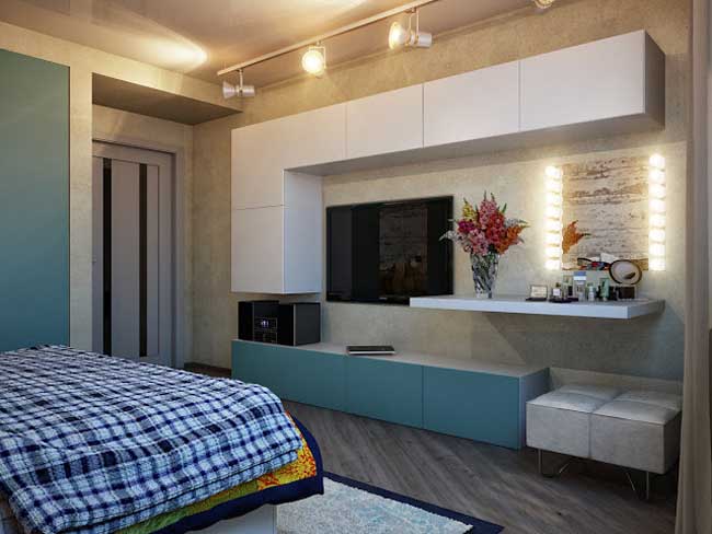 Компактні шафки в спальні Дизайн маленької спальні 2026: підвісні шафки закритого типу для організації простору
